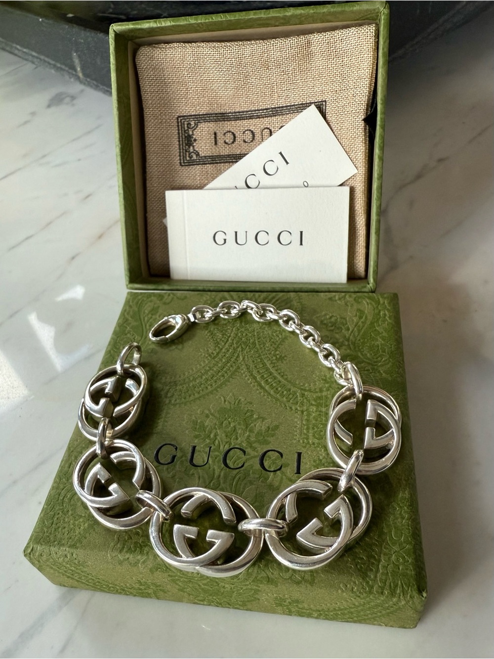 New Gucci Britt GG Logo Sterling Silver Bracelet
